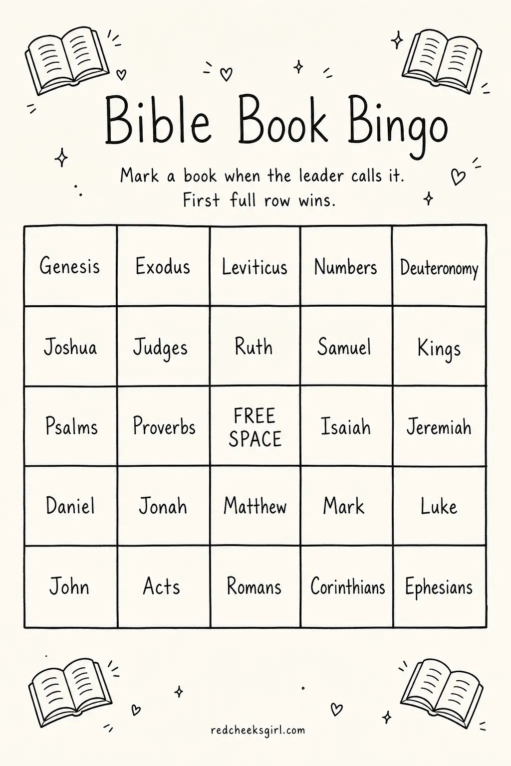 Bible Book Bingo printable sheet — Each teen or pair gets a card filled with Bible book names instead of numbers. Youth group games