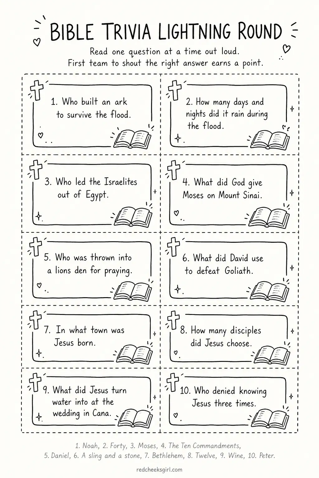 Bible Trivia Lightning Round Cards printable sheet — One leader reads a question out loud, teams have five seconds to answer, and whoever shouts the right