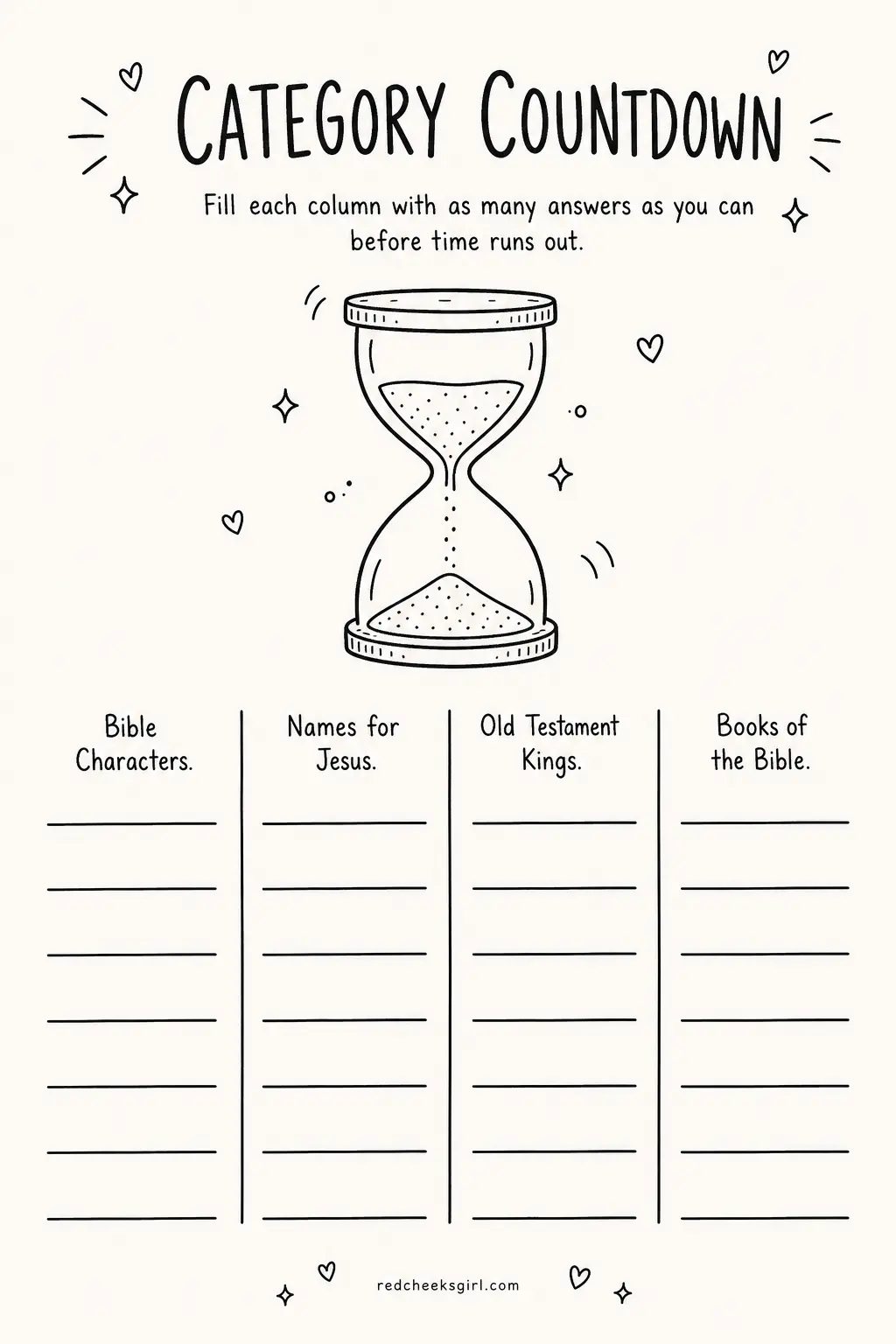 Category Countdown Brainstorm Sheet printable sheet — Teams get a sheet with several open categories, like Bible characters or things Jesus is called, and race