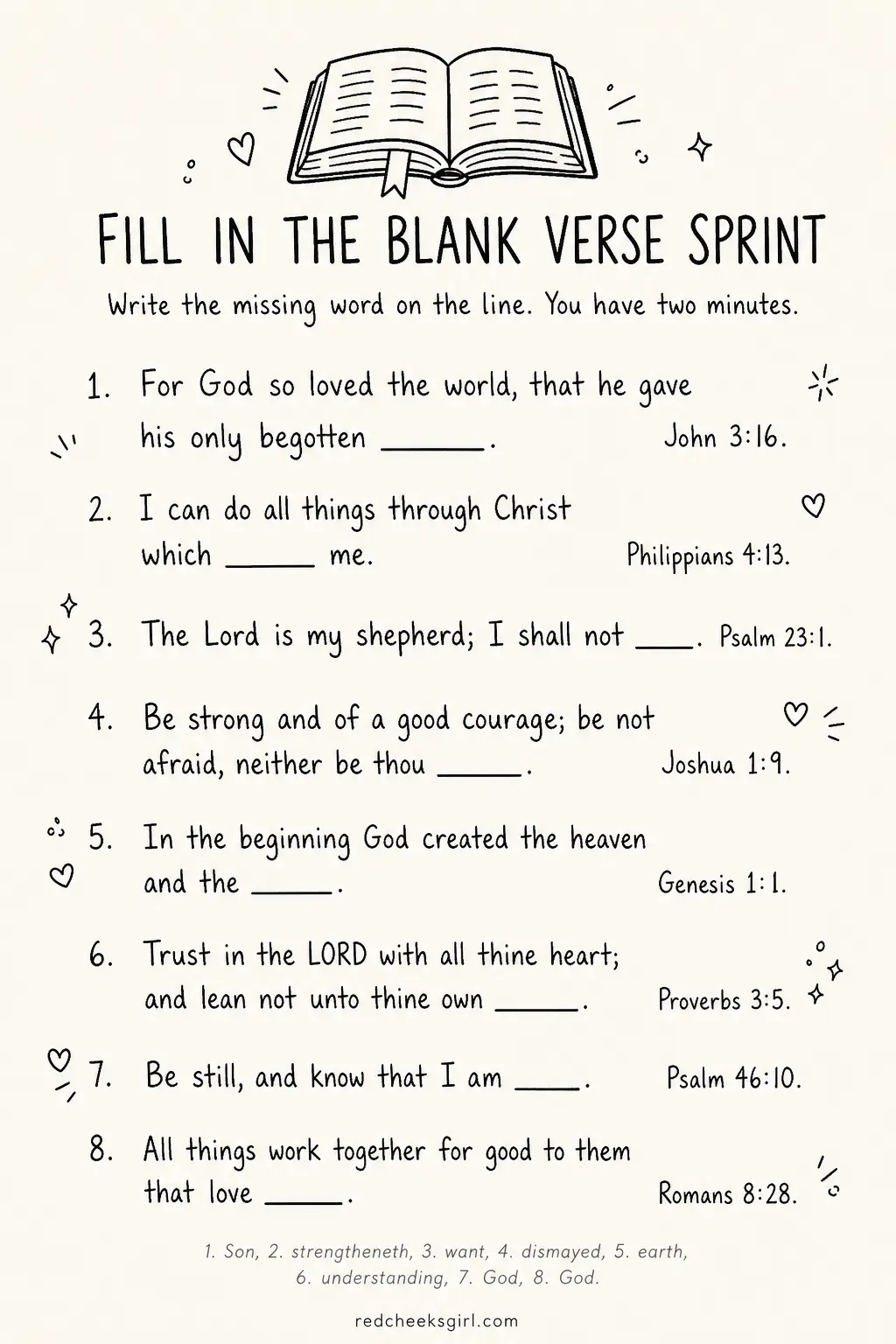 Fill in the Blank Verse Sprint printable sheet — Teams get a sheet of well known verses with one word missing from each, and race to fill in every blank before