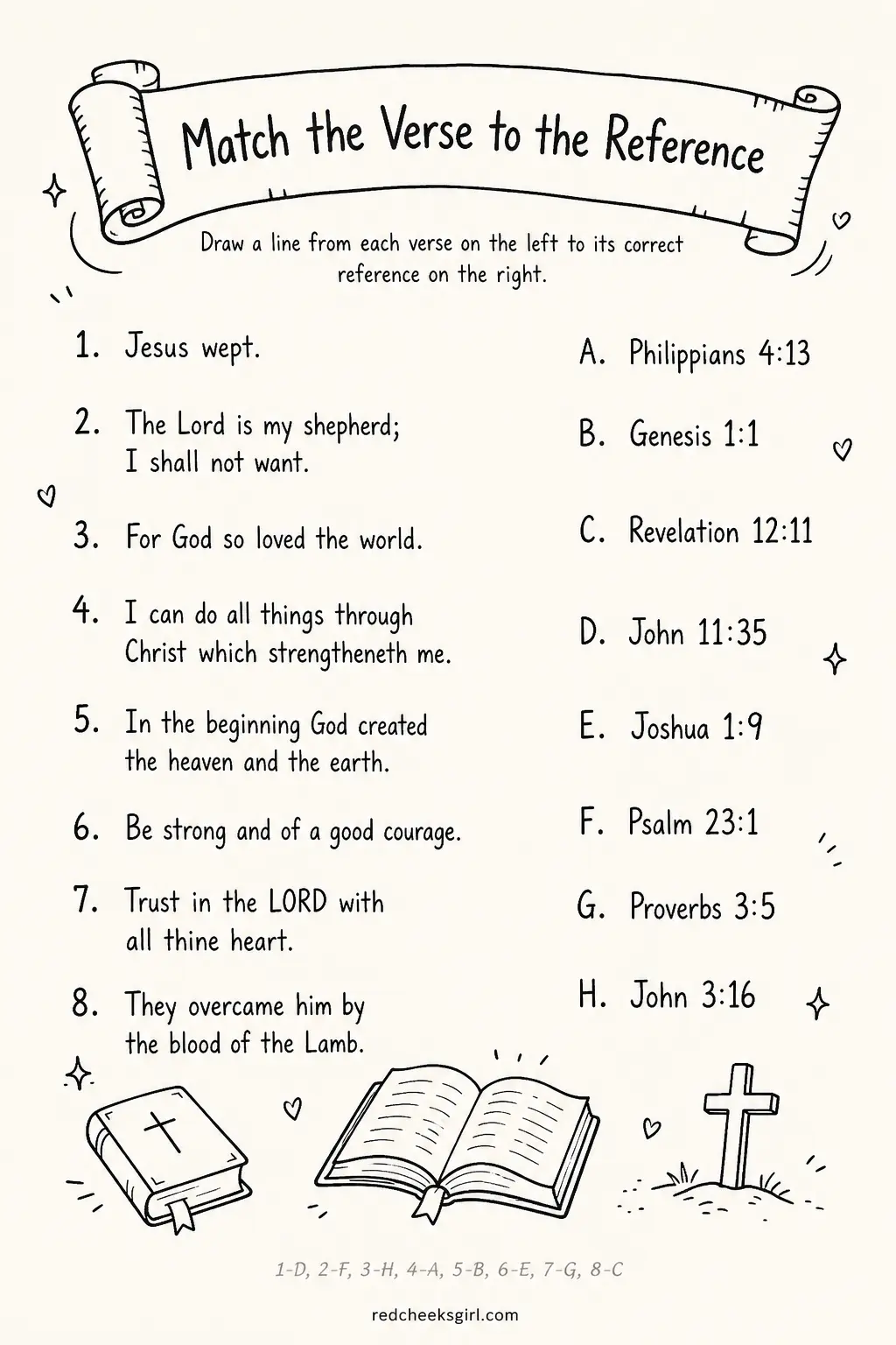 Match the Verse to the Reference printable sheet — Each team gets a sheet with eight short verse snippets on the left and eight scrambled references on the