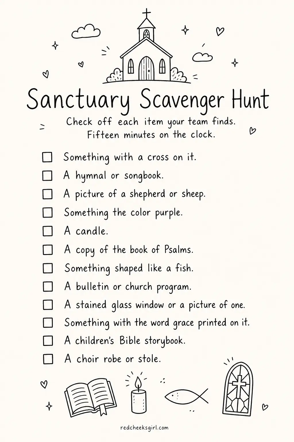 Sanctuary Scavenger Hunt Checklist printable sheet — Teams get a checklist of things to find around the church building, from something with a cross on it to a