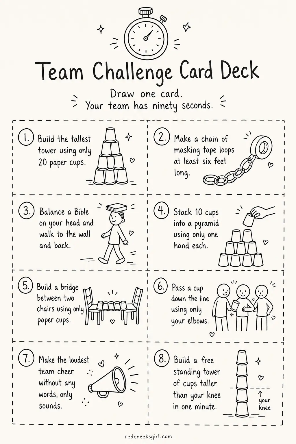 Team Challenge Card Deck printable sheet — Draw one card at a time and give the team sixty to ninety seconds to complete the physical challenge written on it