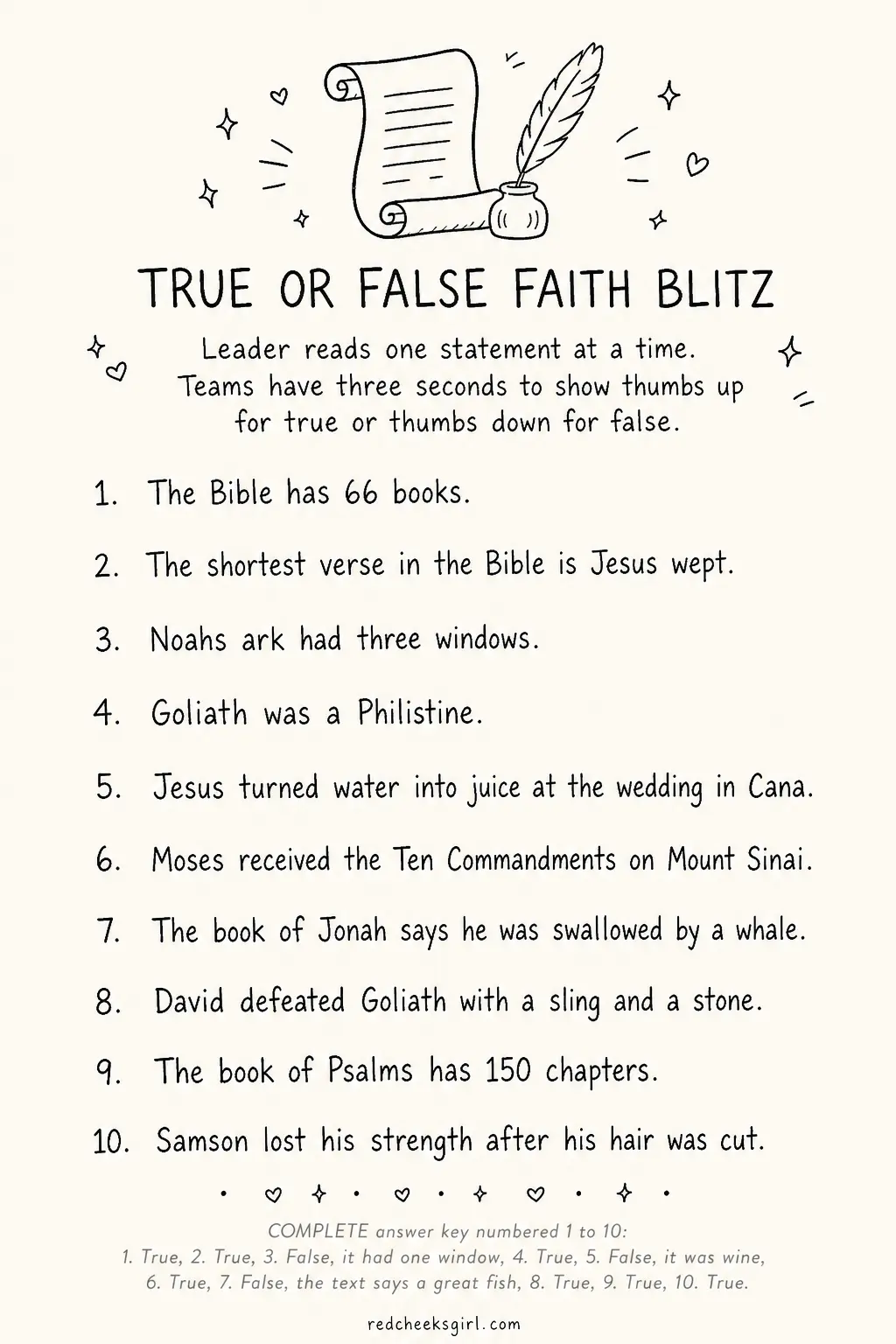 True or False Faith Blitz Cards printable sheet — A leader reads one statement about the Bible, teams have three seconds to decide true or false and hold up a
