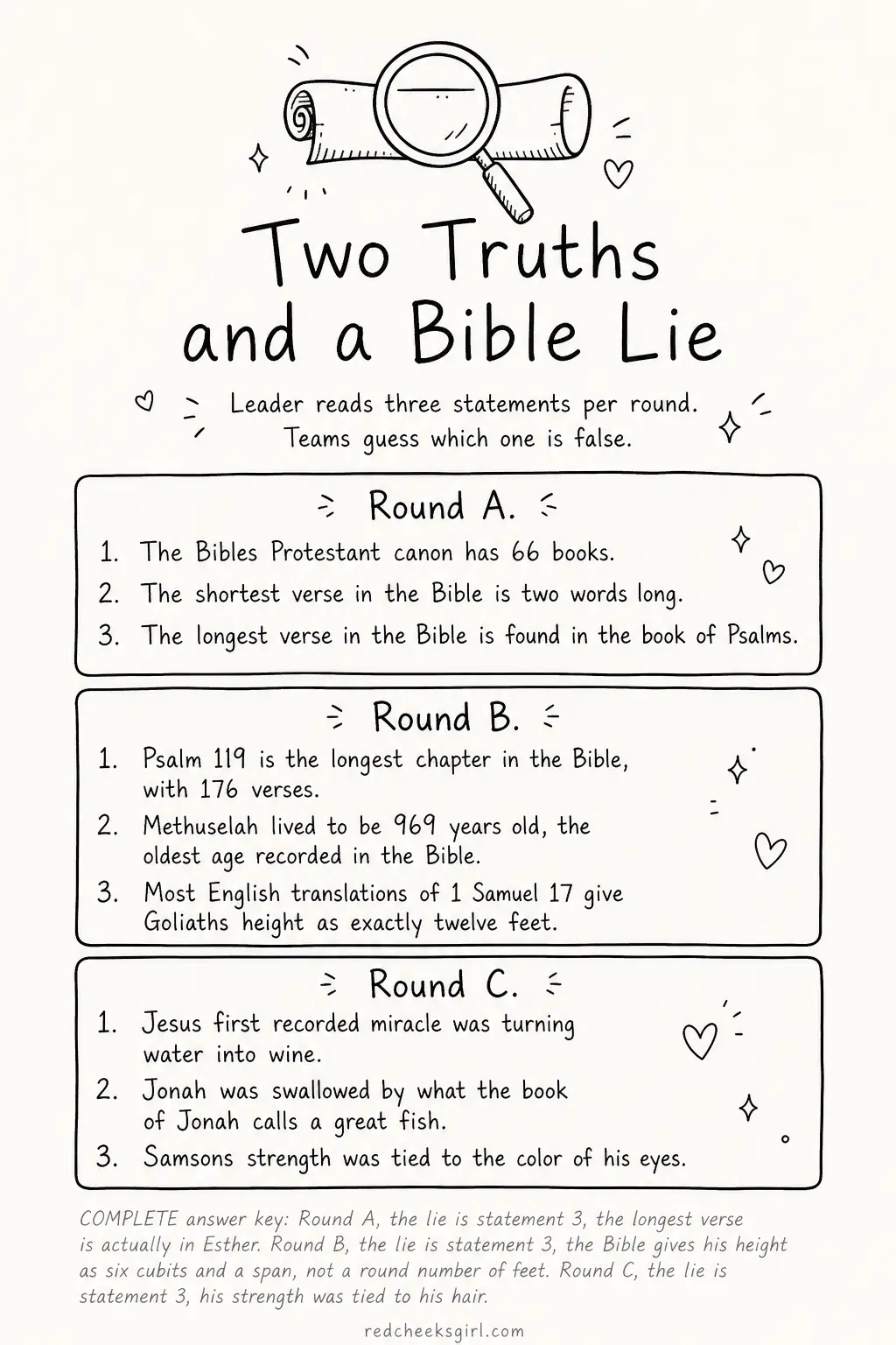 Two Truths and a Bible Lie Cards printable sheet — A leader reads three statements about a Bible topic, two true and one false, and teams have to guess which