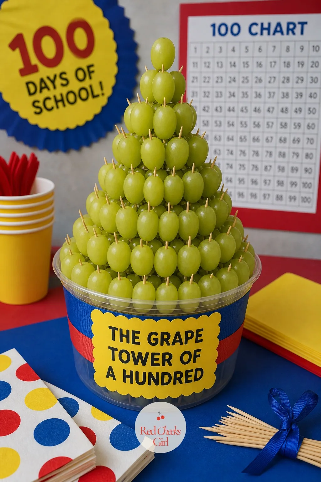 The Grape Tower of a Hundred — A bowl of grapes is healthy but forgettable at a party table. 100th day of school ideas