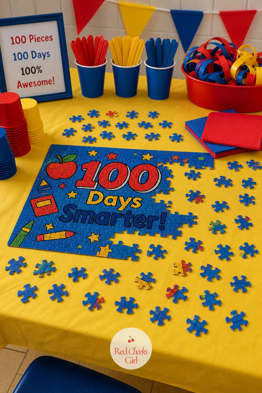 The Hundred-Piece Puzzle Table — Handed a jigsaw with no deadline, a classroom will finish it eventually, maybe. 100th day of school ideas