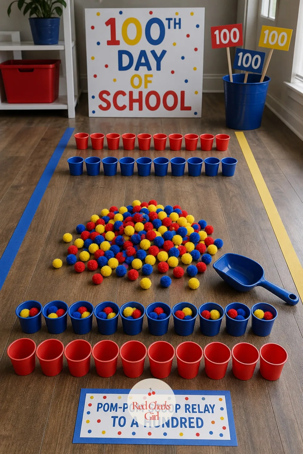 The Pom-Pom Scoop Relay to a Hundred — A relay race ends the moment someone crosses a line, which is fun but forgettable. 100th day of school ideas