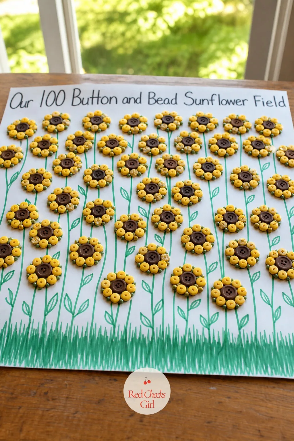 The 100 Button and Bead Sunflower Field — A junk drawer button tin finally earns its keep here. 100th day of school projects
