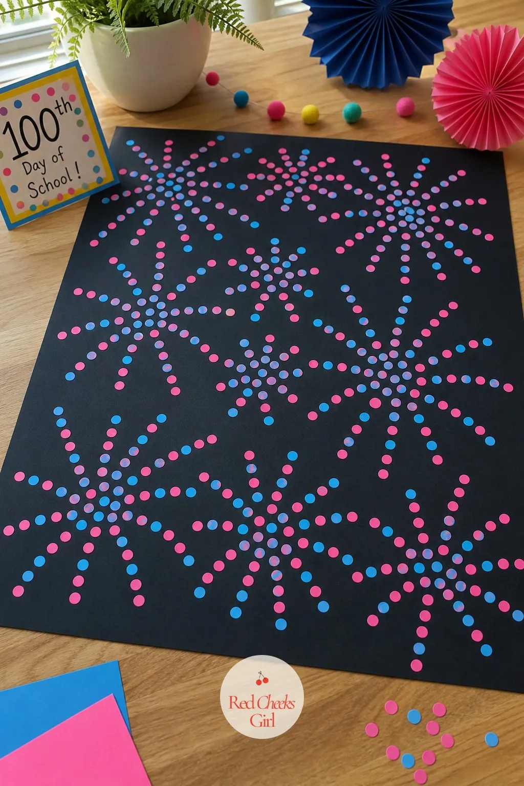 The 100 Confetti Dot Fireworks — A good use for whatever scrap paper is left over from another project, nothing new to buy. 100th day of school projects