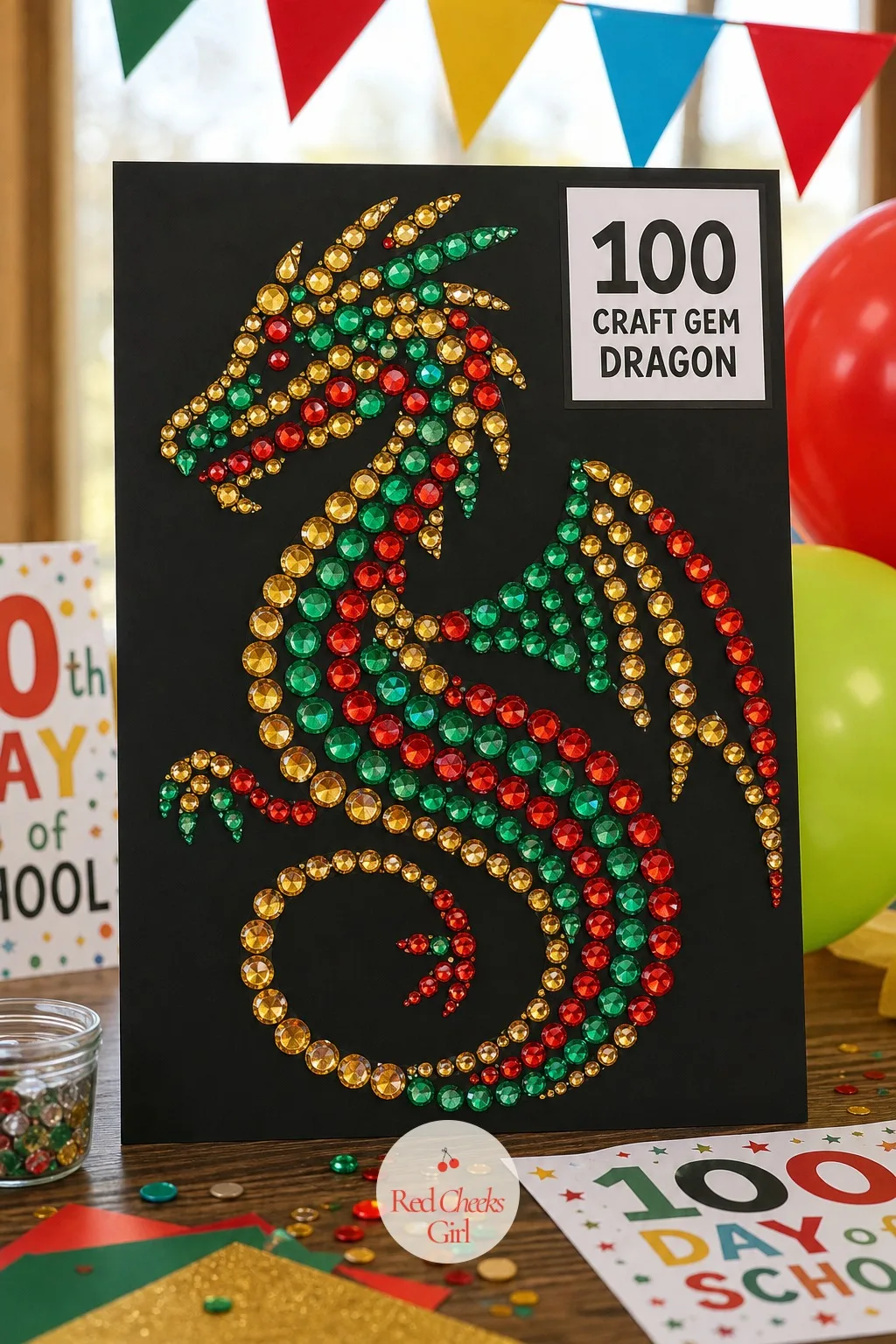 The 100 Craft Gem Dragon — A black poster board makes the colors underneath it look like they are lit from inside, which is exactly what a dragon covered in
