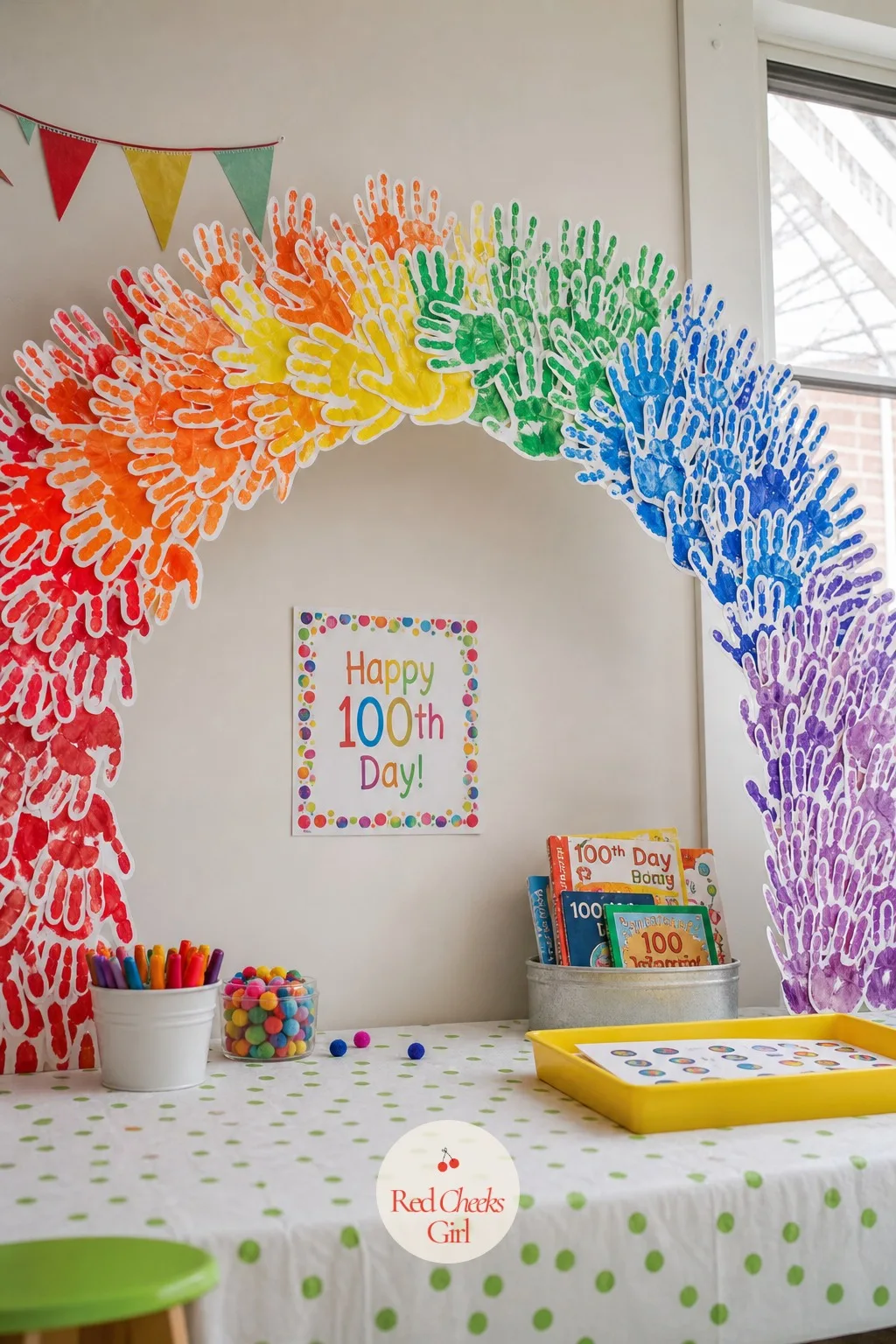 The 100 Handprint Rainbow Arch — This is the one she will actually keep past the school display, since a small handprint does not come back twice. 100th day of