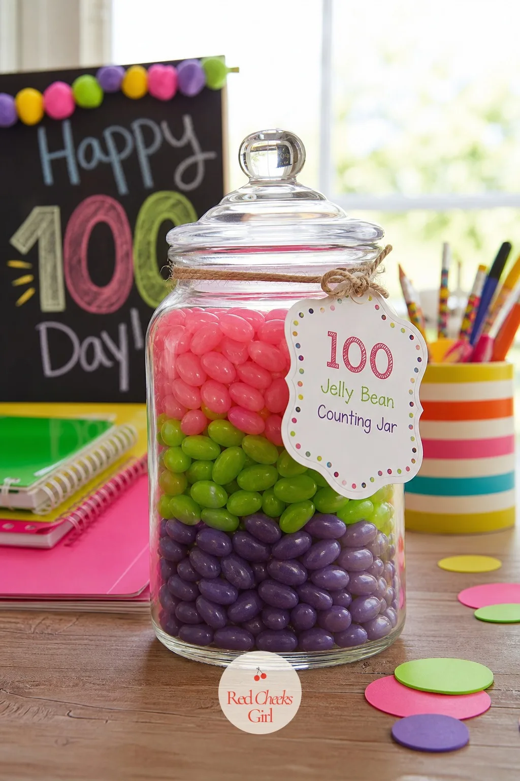 The 100 Jelly Bean Counting Jar — No glue, no drying time, and it can be finished standing at the kitchen counter in five minutes. 100th day of school projects