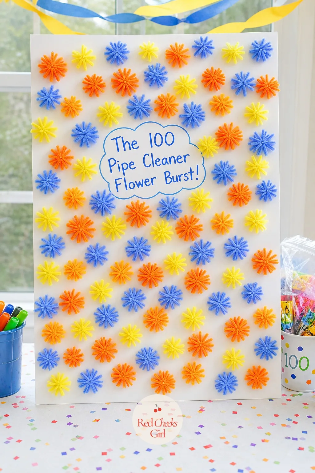 The 100 Pipe Cleaner Flower Burst — Good for small hands since there is no mess and no drying time, only snipping and gluing. 100th day of school projects