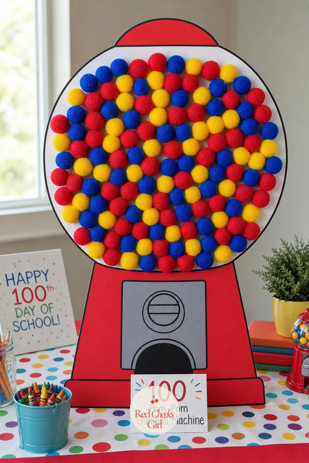 The 100 Pom Pom Gumball Machine — Sketch a gumball machine outline, glass dome on top, square base below, and the poster board does half the work for you