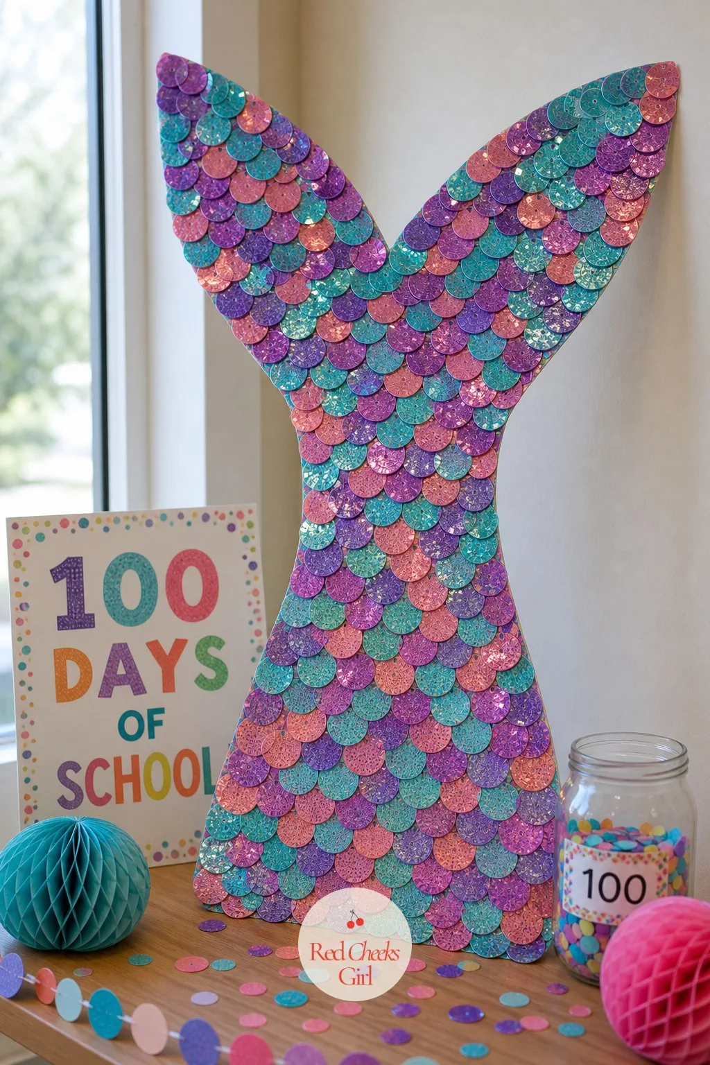 The 100 Sequin Mermaid Tail — Draw one large curving fin shape on the poster board, then work in small sections: spread glue over a patch no bigger than a palm