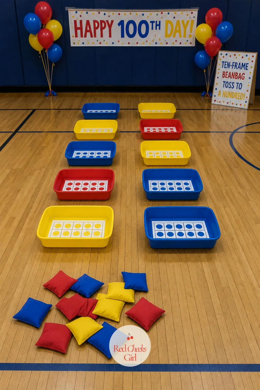 Ten-Frame Beanbag Toss to a Hundred — A beanbag toss with a single target gets boring after three rounds. 100th day of school ideas