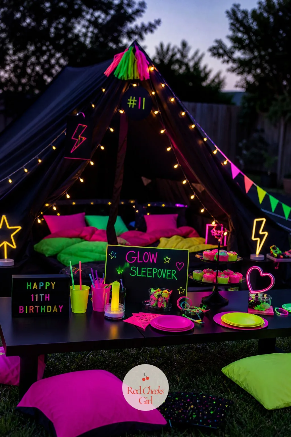 A Backyard Tent Sleepover — Once the games wind down, a pop-up tent on the lawn strung with battery fairy lights keeps the night going without anyone needing a