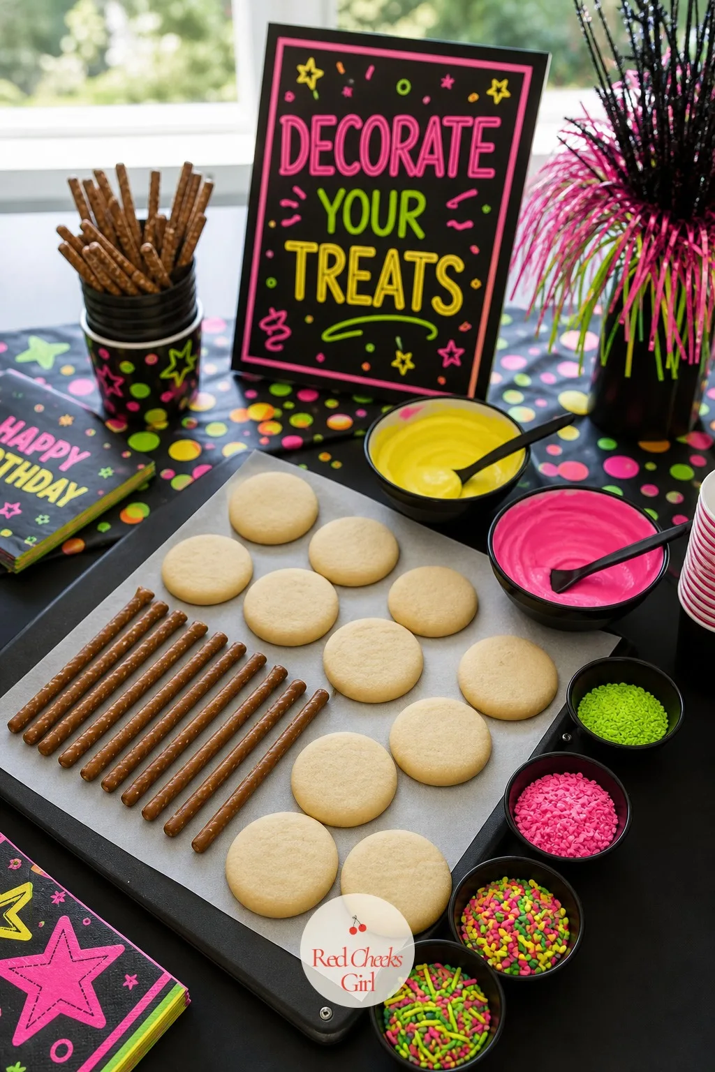 A Cookie and Pretzel Decorating Table — Plain sugar cookies and pretzel rods sit waiting until bowls of melted neon candy coating and sprinkles turn the table