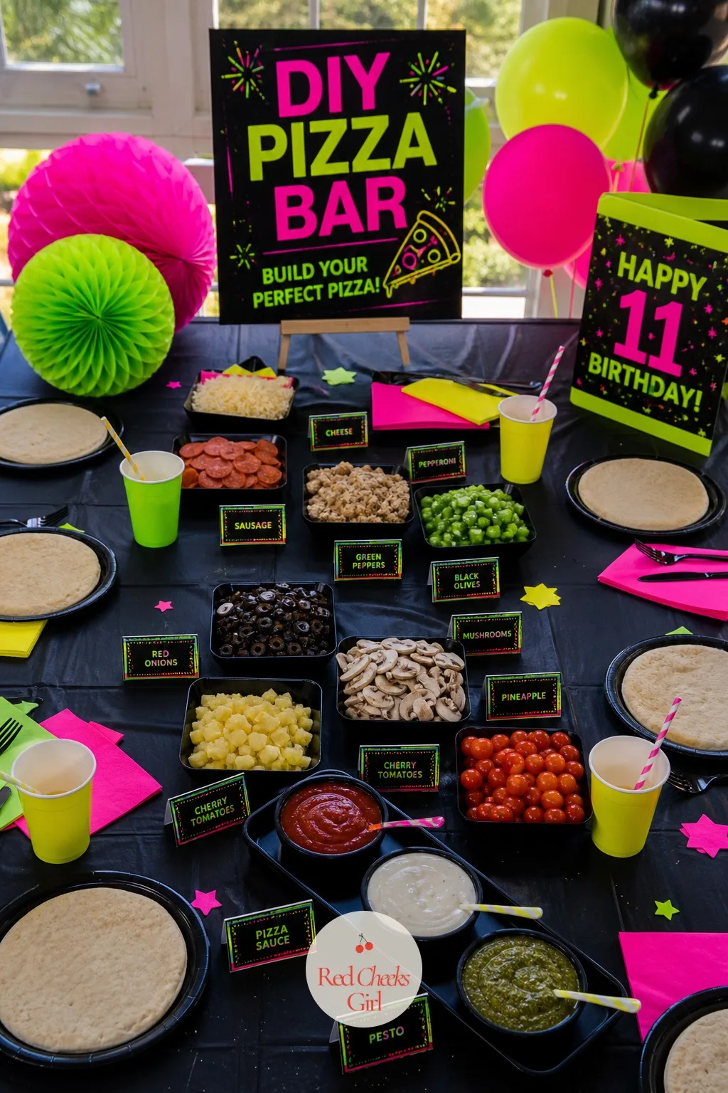 A DIY Personal Pizza Bar — Handing a guest a finished plate is fine, letting her build the thing herself is better at this age. 11th birthday party ideas