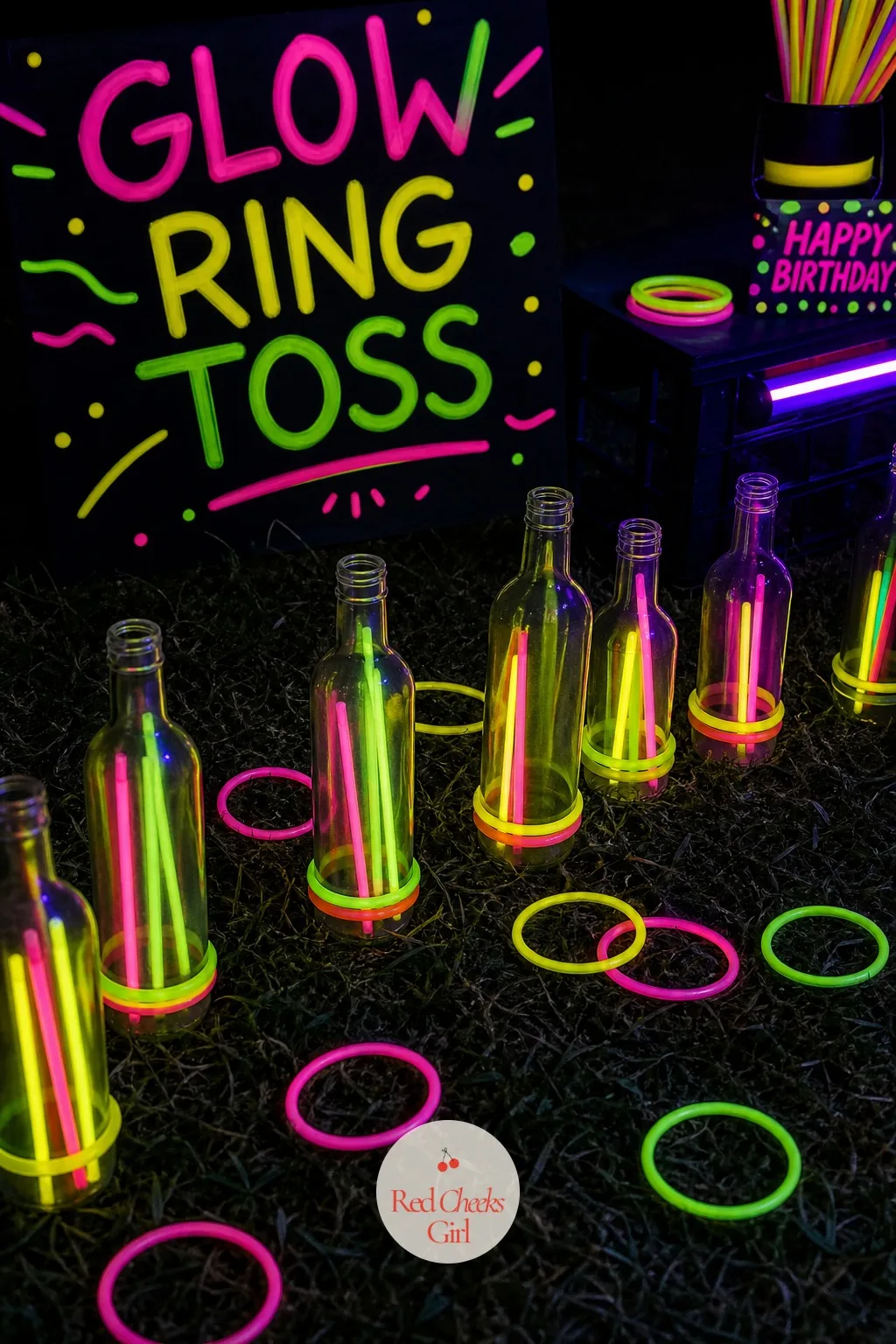 Glow Ring Toss — Glow bracelets looped into rings and a line of bottles with glow sticks dropped inside turn an ordinary ring toss into something that only