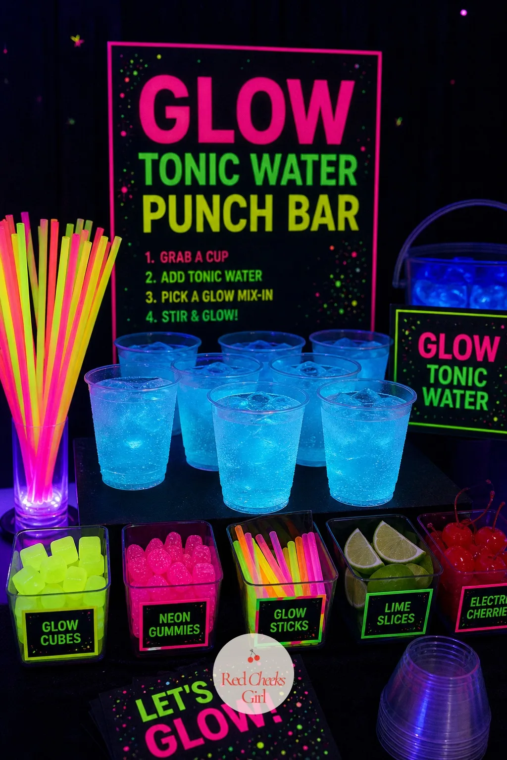 A Glow-in-the-Dark Tonic Water Punch Bar — Tonic water glows pale blue under a black light entirely on its own, no dye required, which makes it the quiet trick