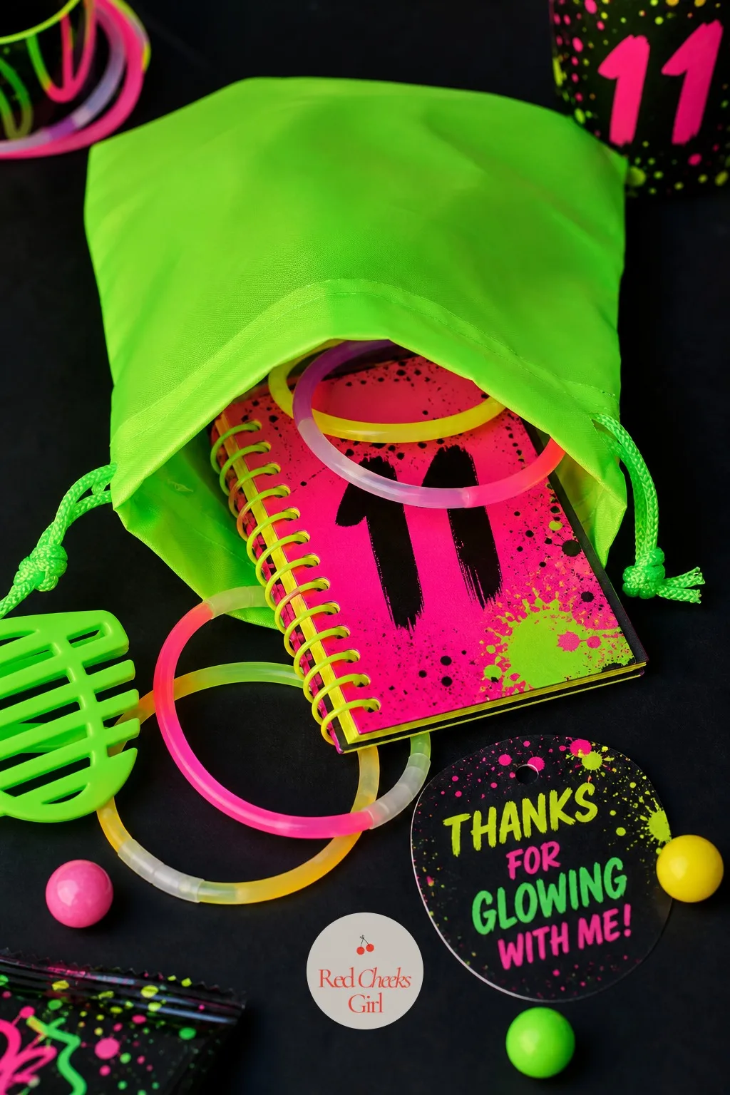 Neon Drawstring Favor Bags — Build each bag from the bottom up: a neon drawstring pouch as the base, a few glow bracelets and a small neon notebook dropped in