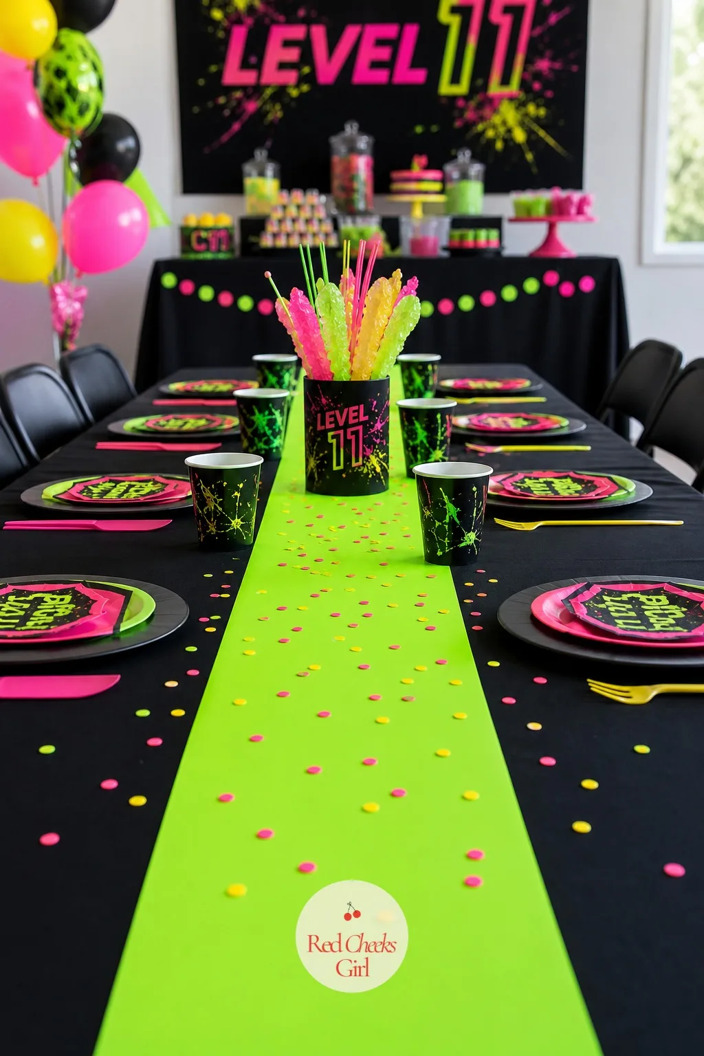A UV-Reactive Table Runway — A plain black tablecloth photographs as nothing until something neon runs down the middle of it. 11th birthday party ideas