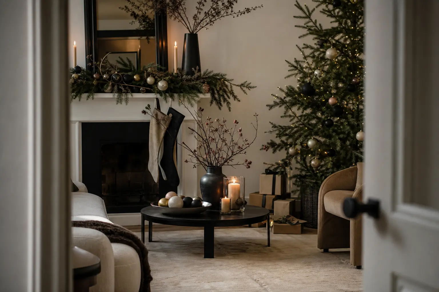 21 Modern Christmas Decor Ideas With Sculptural Branches, Matte Ornaments and Crisp Clean Lines
