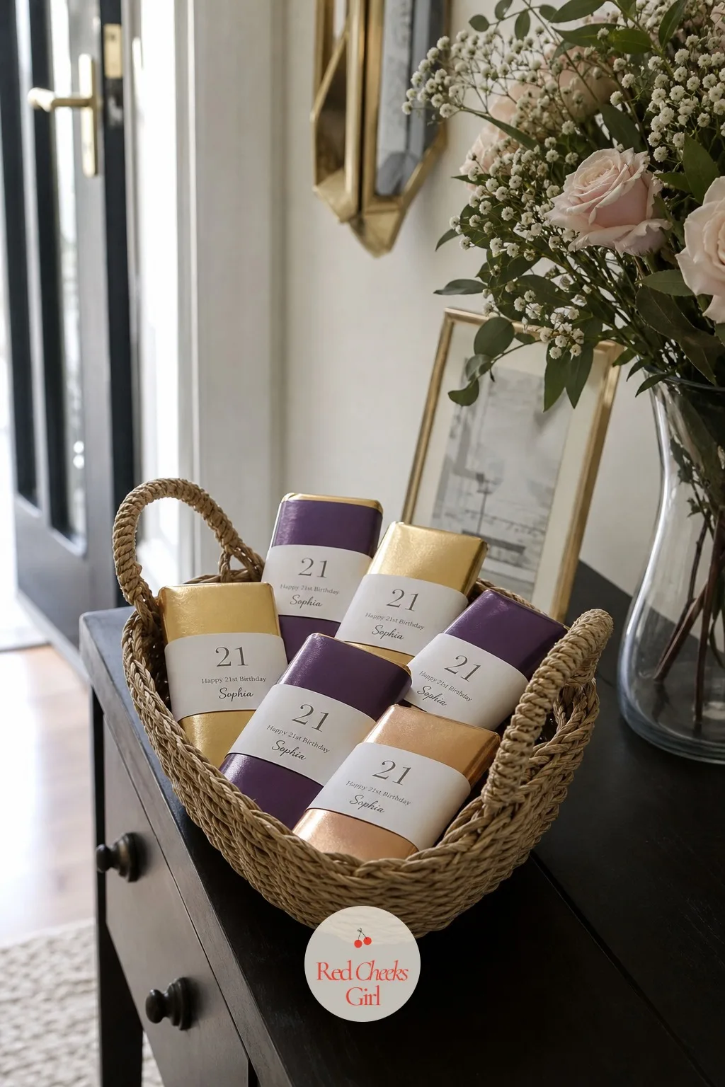 Personalised Chocolate Bars Foiled With Her Age — Cheap, quick and the kind of favour that actually gets eaten rather than left behind on a table. 21st