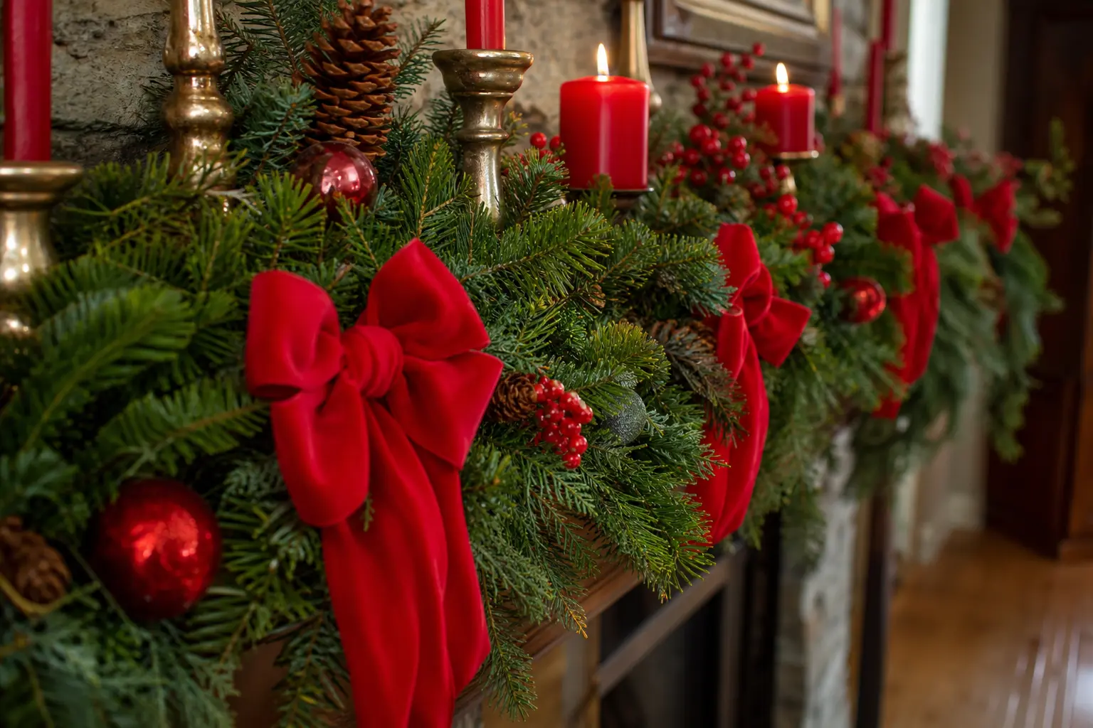 24 Traditional Christmas Decorations With Red Bows, Evergreen Garlands and Old-Fashioned Joy