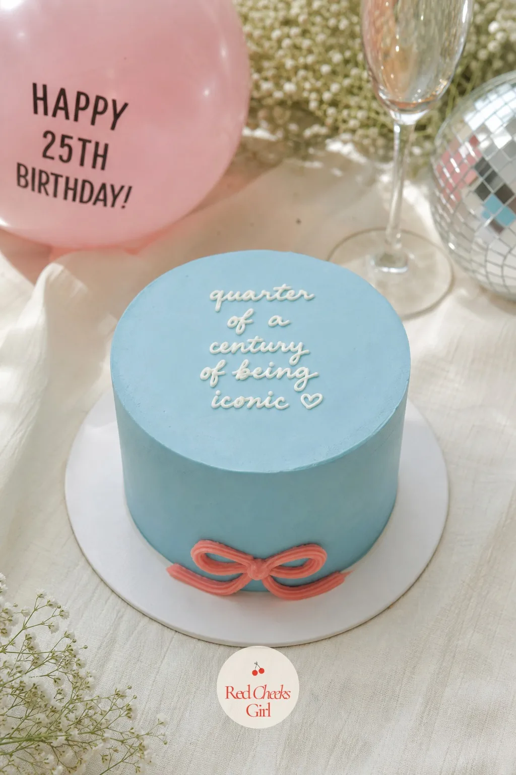 Bento Cake With A Tiny Bow And A Cheeky Line — Baby blue icing, a single coral piped bow at the base, and one dry little line across the top like 'not today