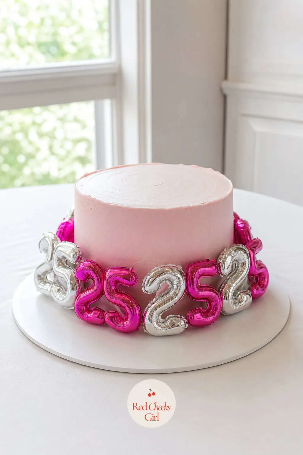 Cake Ringed With Number Balloons — The cake itself can stay plain here, buttercream in one soft color, nothing piped. 25th birthday cake