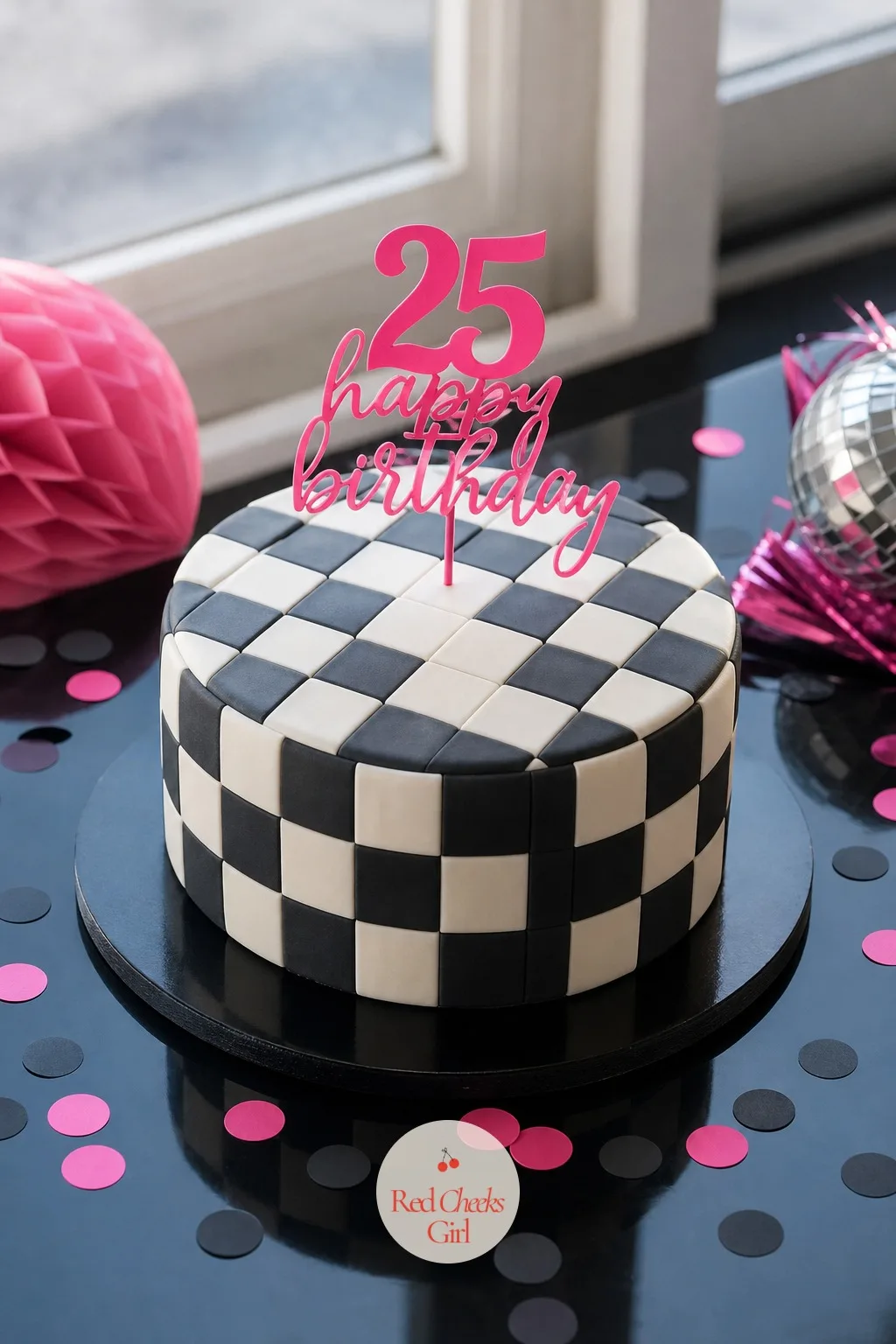 Checkerboard Cake In Black And White — A full-size version of the checkerboard look, in sharp black and white instead of color, with one loud hot pink topper
