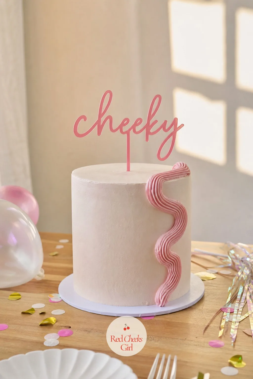 Cheeky Word Cake Topper — One punchy word on a thin acrylic stick, pushed into the top of whichever cake she picks, finishes the whole table without a single