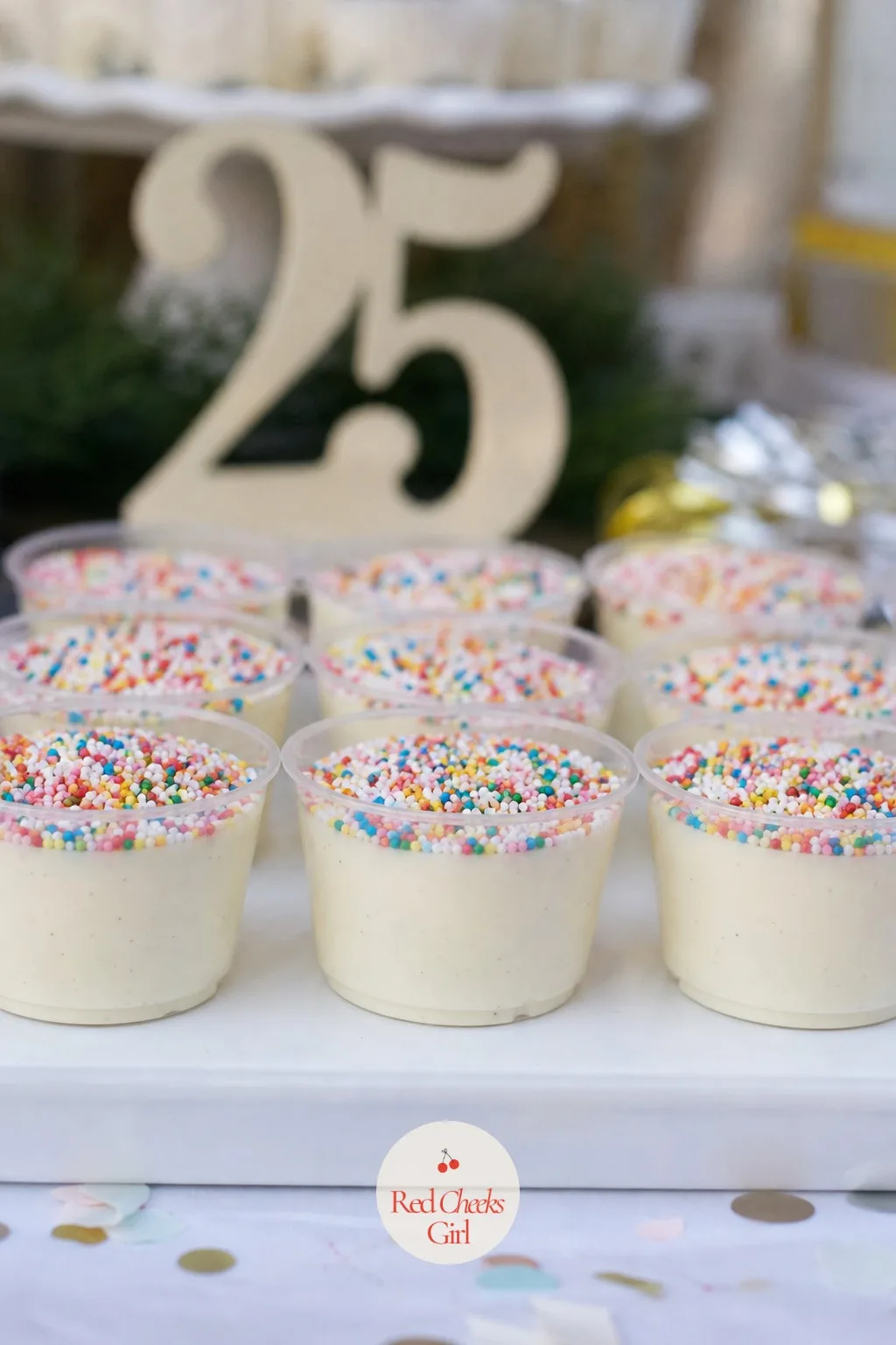 Dot Cups Under Rainbow Sprinkles — Not a cake at all, and still the thing guests reach for first. 25th birthday cake