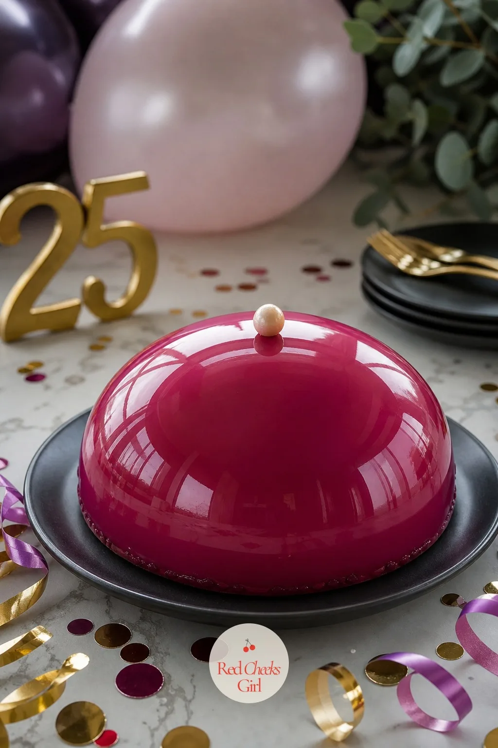 Glossy Mirror Glaze Dome Cake — One solid shot of color, poured smooth and glass-like over a domed cake, no piping at all. 25th birthday cake