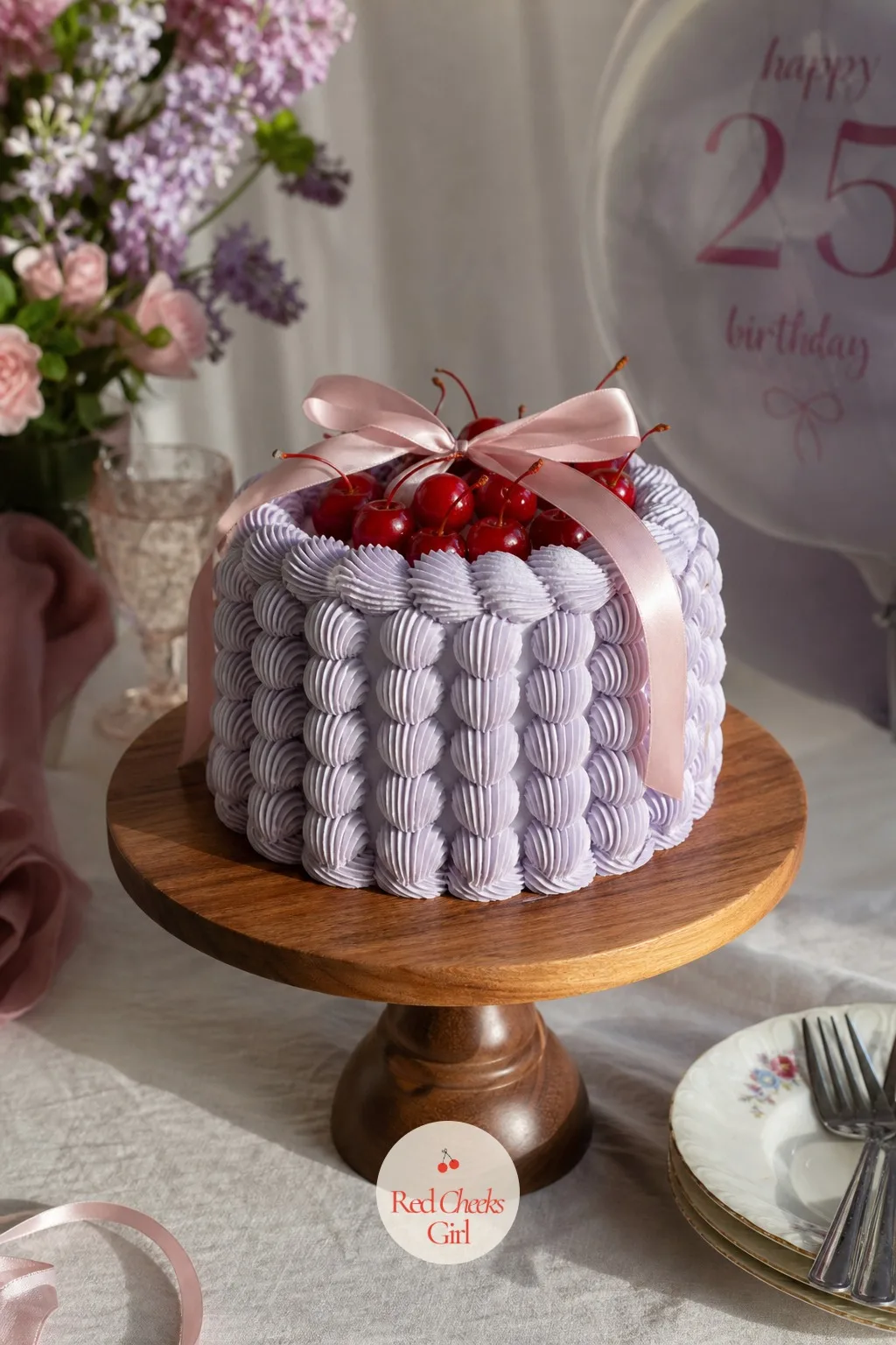 Pastel Lambeth Cake With Cherries And A Bow — This is the one for her if the idea of bright clashing colors makes her wince a little. 25th birthday cake