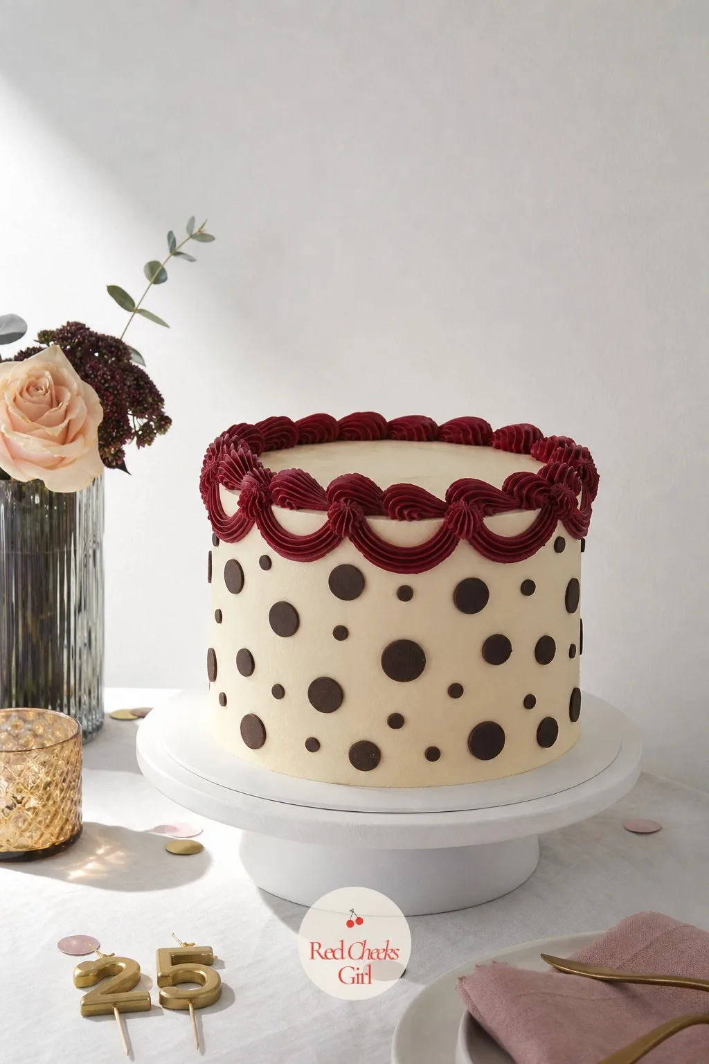 Polka Dot Lambeth Cake — Somewhere between playful and genuinely elegant, a cream base covered in chocolate brown polka dots of different sizes, with a