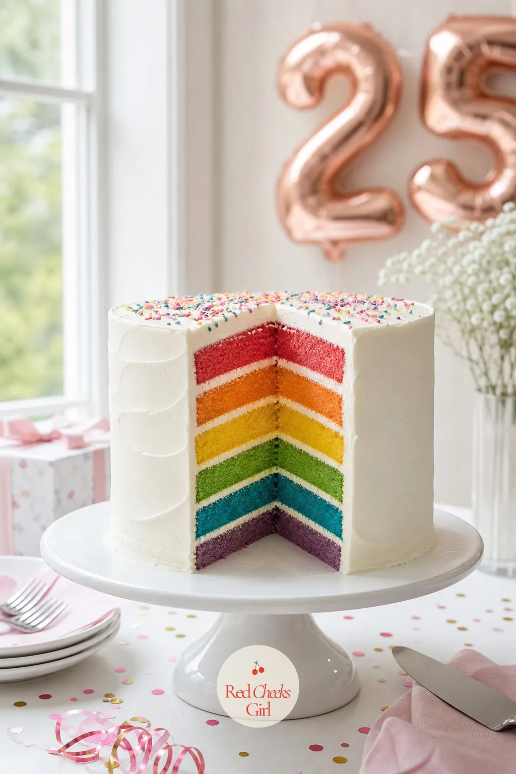 Rainbow Reveal Cake — From the outside it looks almost restrained, smooth white buttercream, nothing loud. 25th birthday cake