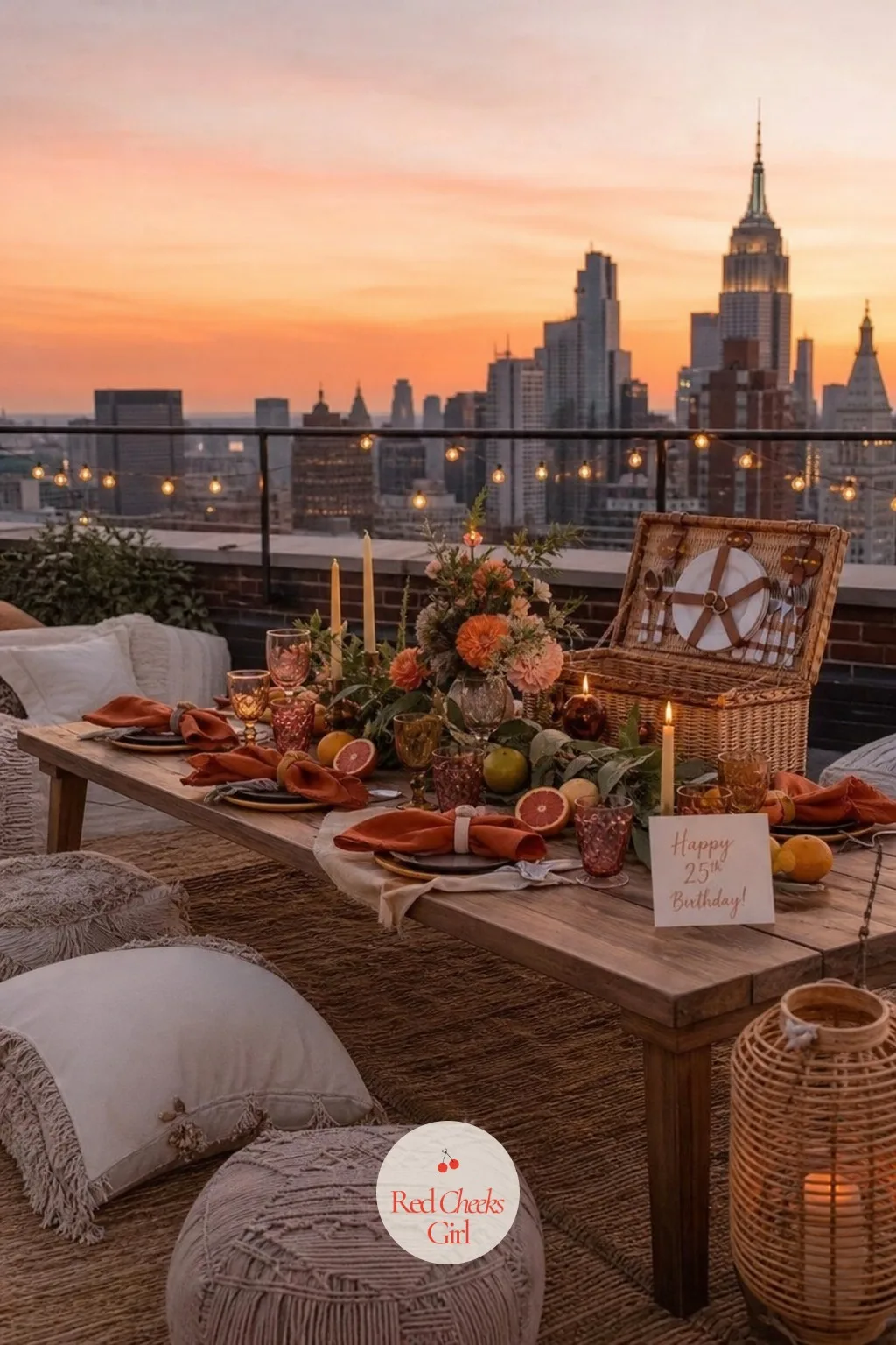 Rooftop Sunset Picnic — Golden hour does half the decorating for free. 25th birthday ideas for her
