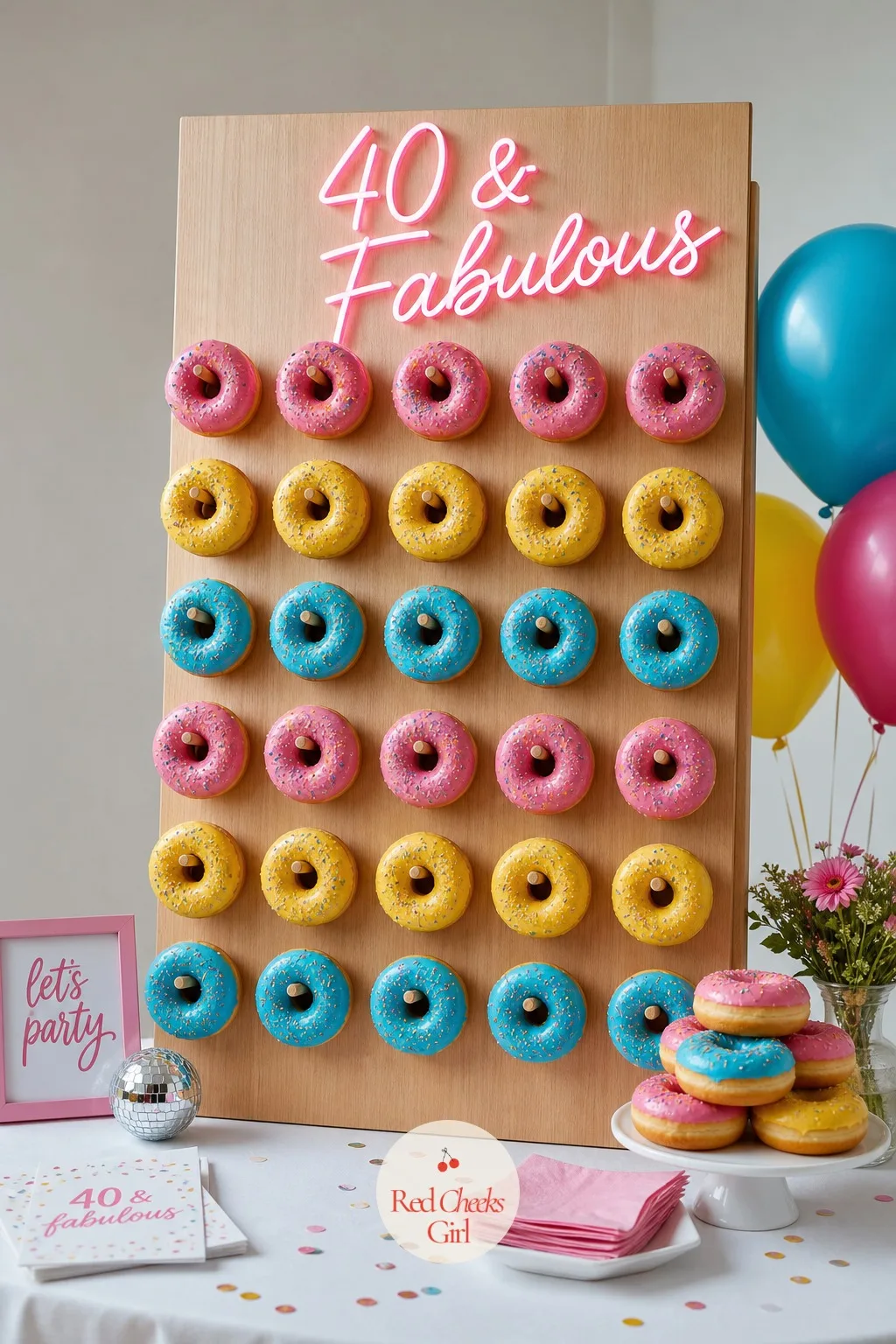 A Doughnut Wall in Nineties Candy Colors — A cake gets cut once and then it is gone; a wall of doughnuts lets people wander back to it all night. 40th birthday
