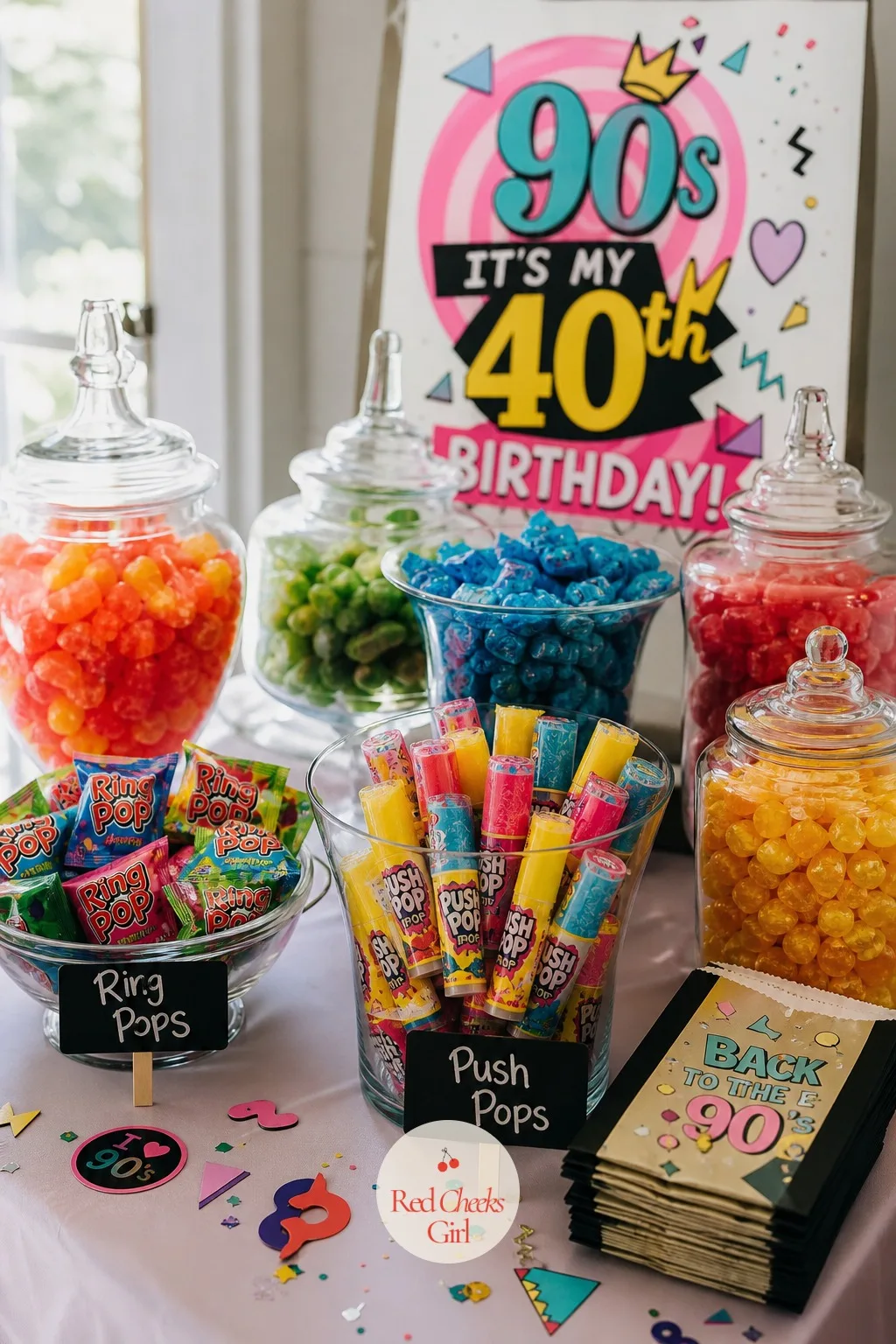 A Nineties Candy Buffet with Ring Pops and Push-Pops — She will not admit she still wants a Ring Pop at forty, so put a whole bowl of them out and let her