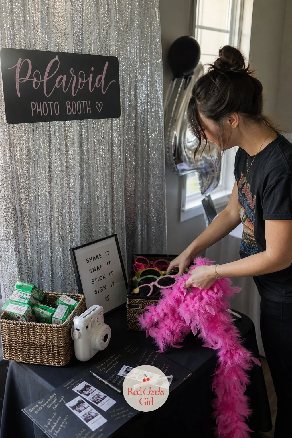 A Polaroid Photo Booth with a Sequin Curtain and Throwback Props — Phones take a hundred photos nobody prints, so give the night one that comes out of a