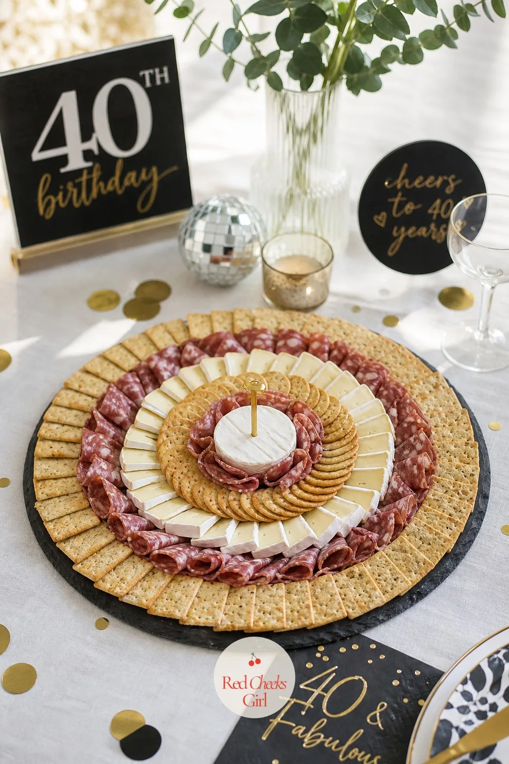 A Vinyl-Record Shaped Cheese and Charcuterie Board — A round board looks like an afterthought; one arranged to look like a spinning record is the kind of