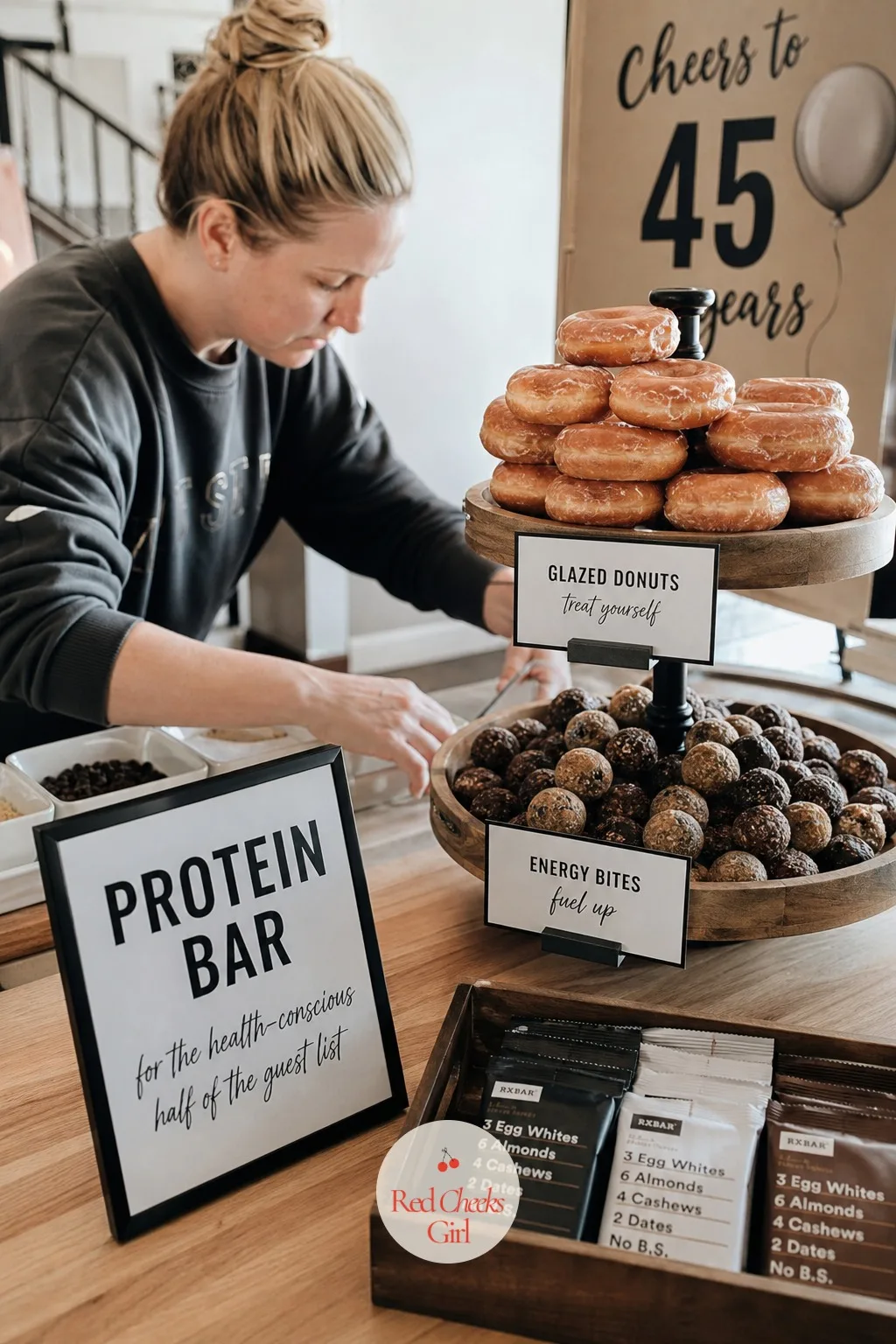 A Protein Bar and Donut Tower for the Health-Conscious Half of the Guest List — Half the table wants donuts, and the other half is already thinking about