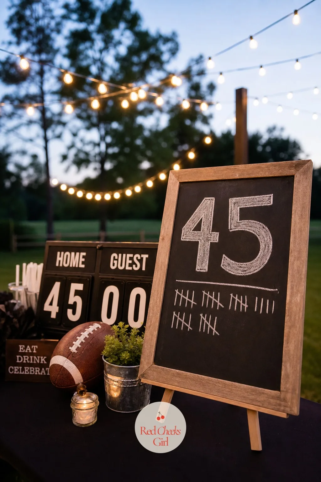 A String Light and Scoreboard Decor Setup — Small moves make a backyard look dressed rather than just borrowed from a sports bar down the street. 45th birthday