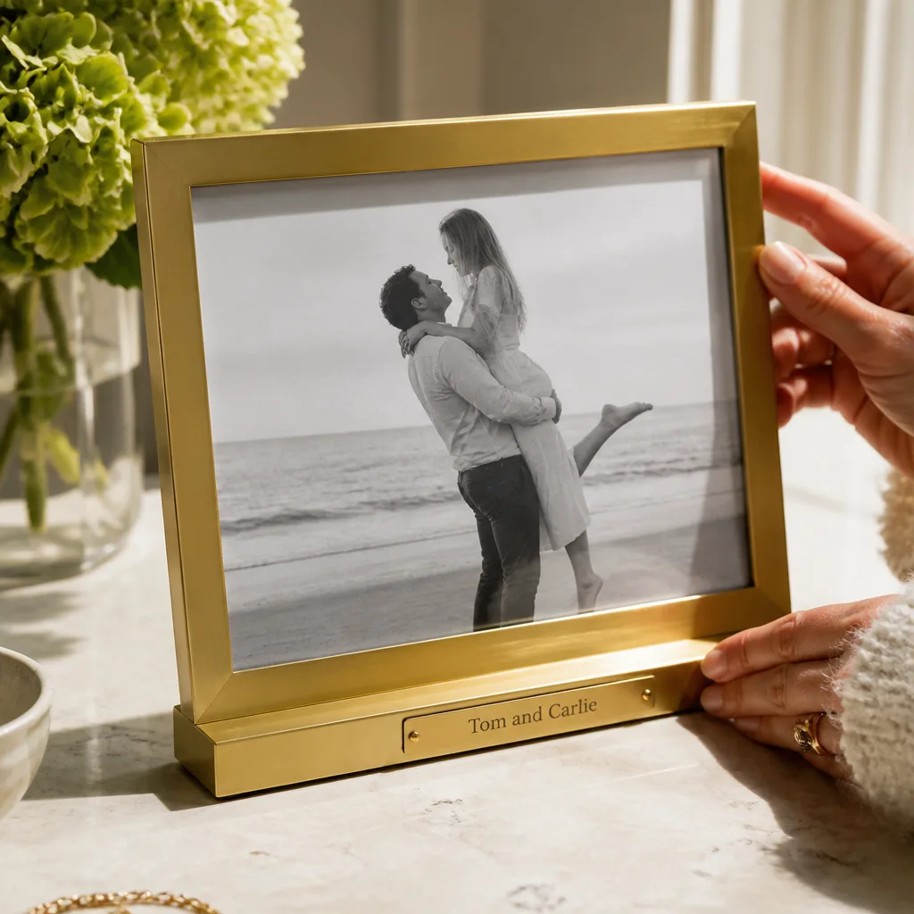 Engraved Gold Frame — A frame only earns its spot on the mantel if it holds a specific photo, not a generic one. 50th anniversary gifts