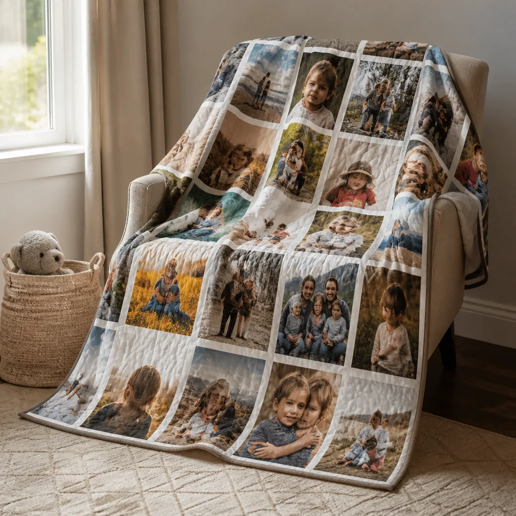 Family Photo Quilt — A blanket on the back of the sofa is furniture. 50th anniversary gifts