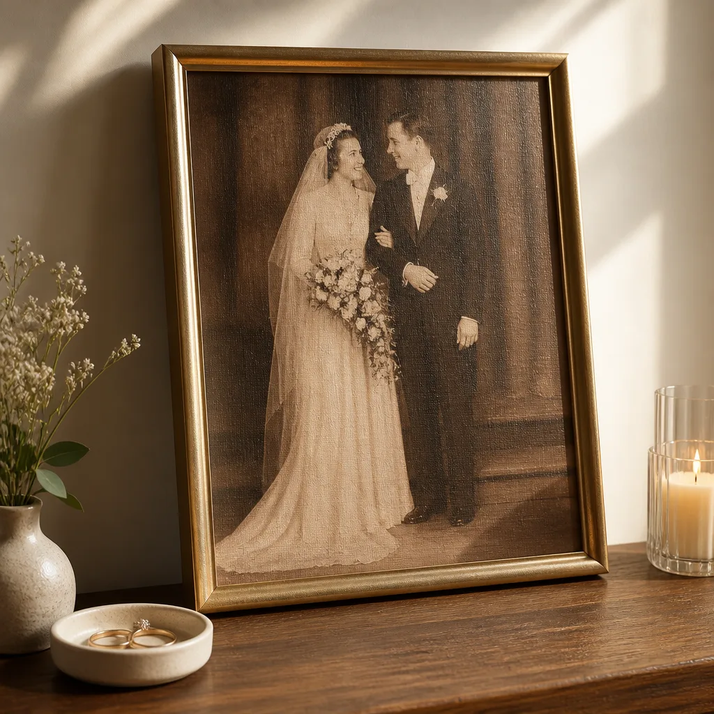 Wedding Photo Painting — Their wedding photo has probably faded to the color of weak tea by now, if it survived at all. 50th anniversary gifts